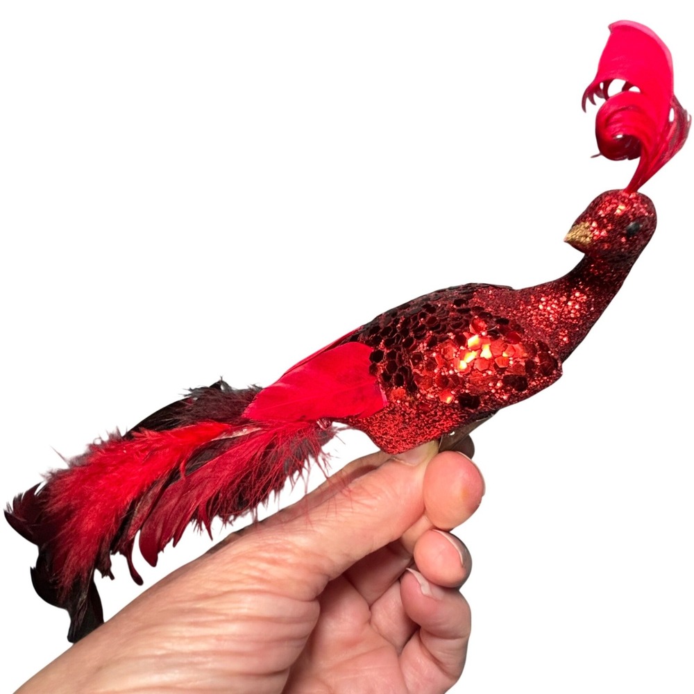 Peacock Ornament Red Glitter Sequin Feather Bird Clip On Christmas Decor 10in